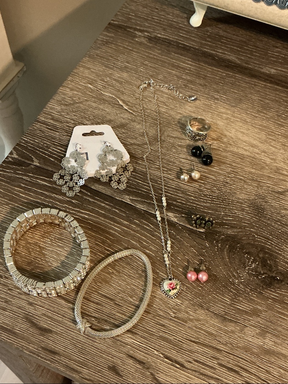 Claire's Pink Floral Necklace 2 Silvertone Bracelets 1 Ring 5 Pr Earrings BUNDLE